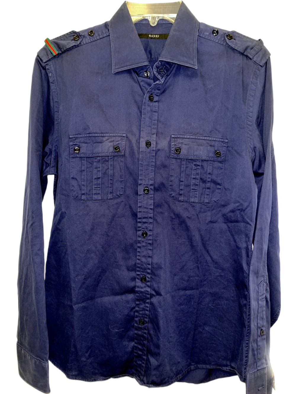 Gucci Navy Button-Up Shirt with Epaulets and Chest Pockets Unisex